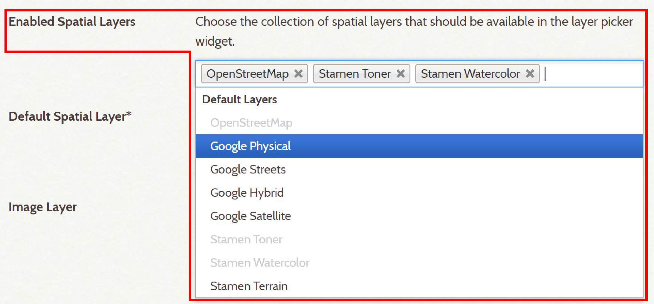 Screenshot of enabled spatial layers options