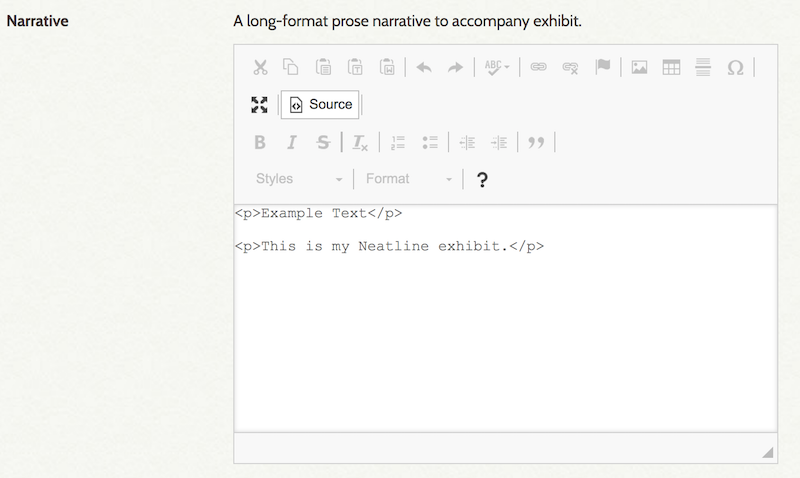 Screenshot of Narrative field html source code